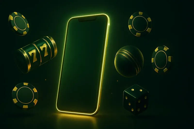Glowing smartphone with casino chips, slot reels, dice, and cricket ball